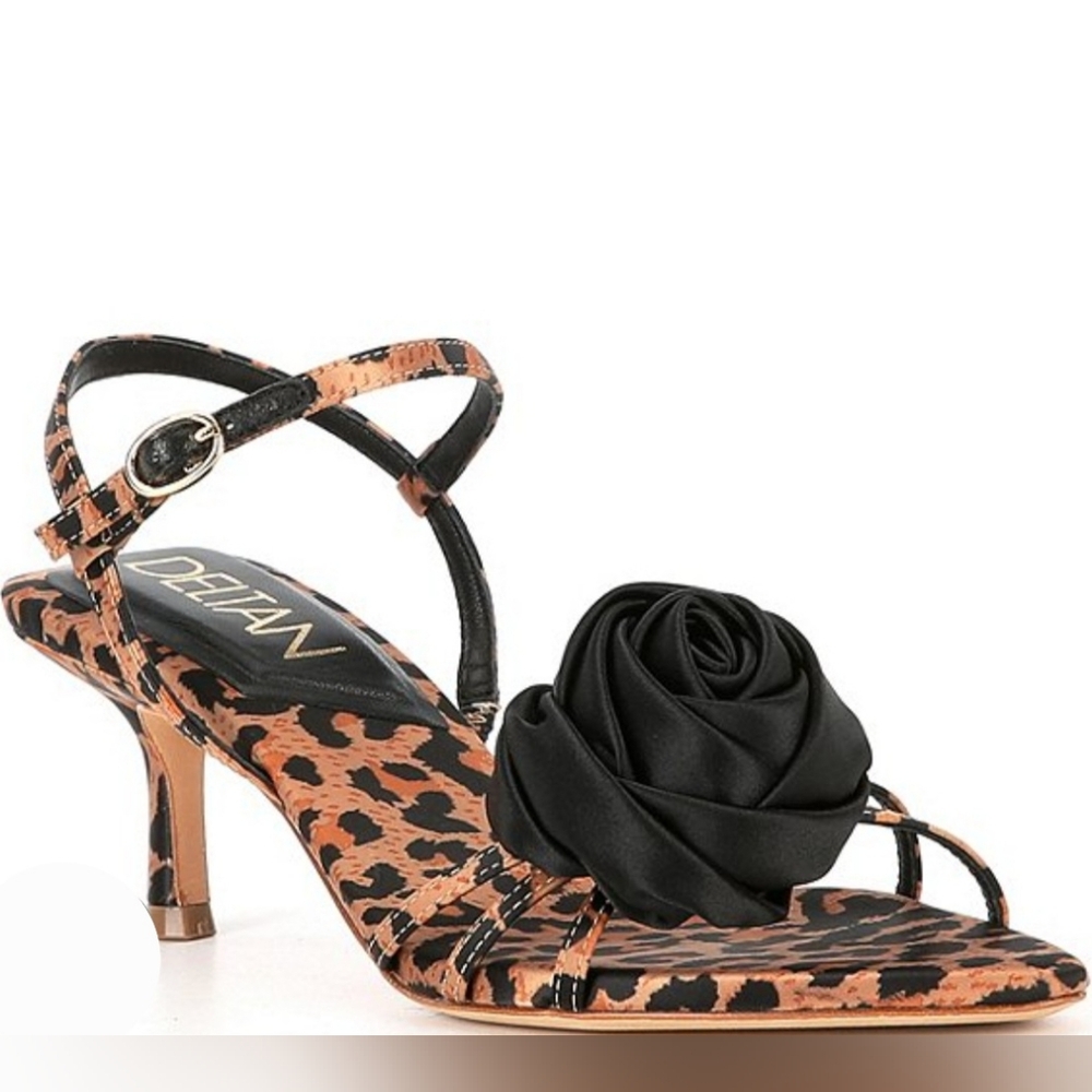 Deltan Dressy Sandals 10 Brown Satin Amayah Leopard Print Black Rosette New $110 - Picture 3 of 15